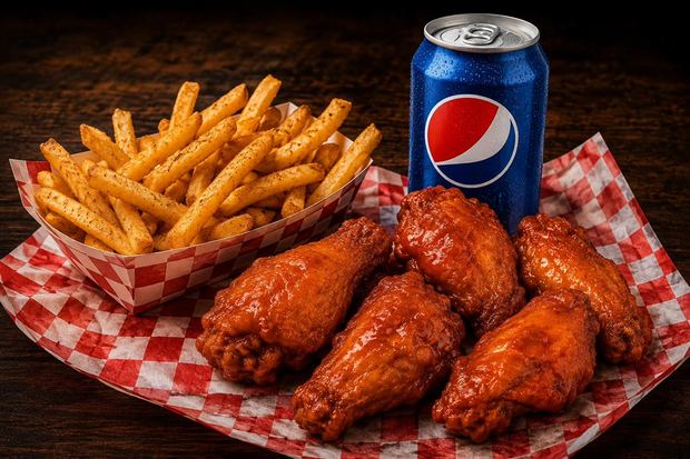 Five wing combo with seasoned fries and a Pepsi
