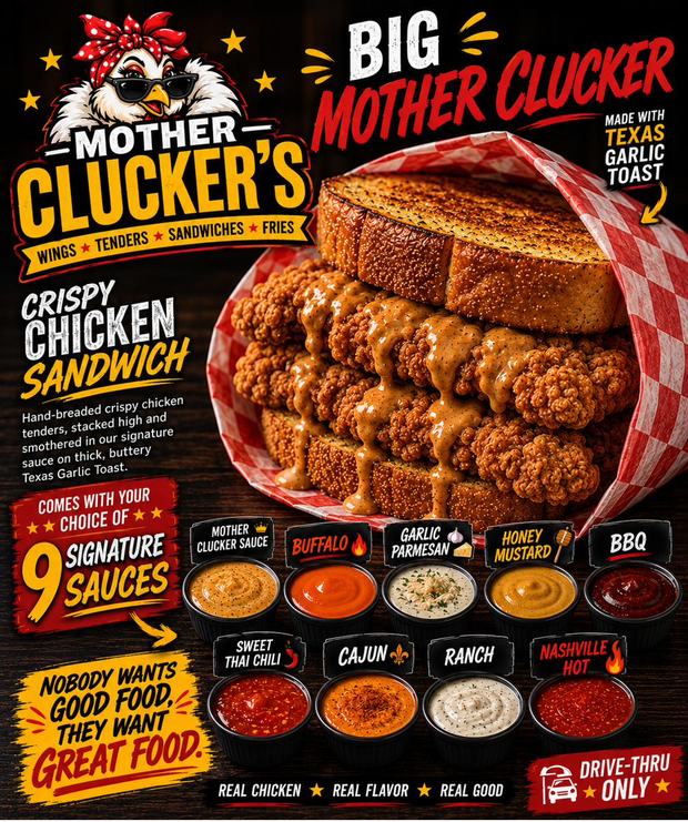 Mother Clucker&rsquo;s crispy chicken sandwich with Mother Cluckin&rsquo; sauce