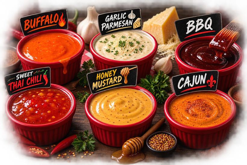 Six of Mother Clucker's wing sauces in red ramekins