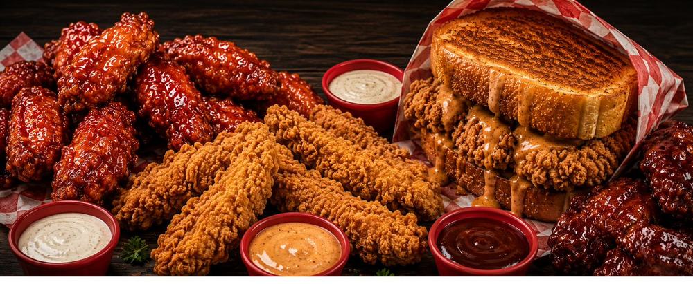 Wings, tenders, fries and dipping sauces