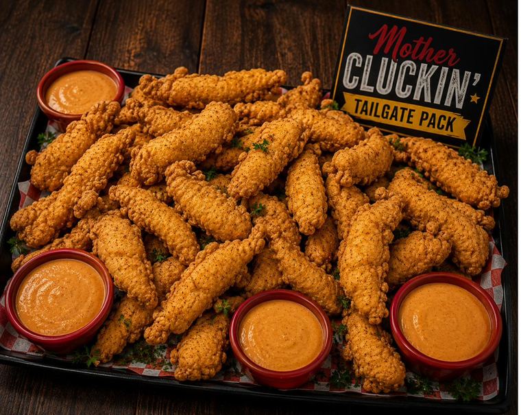 Mother Cluckin' Tailgate Pack tray of tenders with dipping sauces