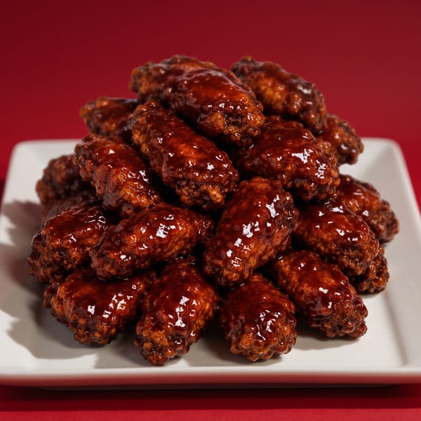 A white rectangular plate piled high with glistening, dark brown chicken wings against a red background.