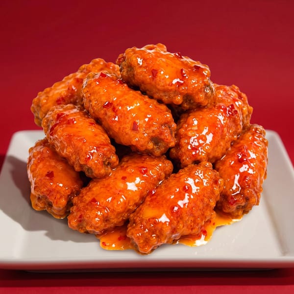 A pile of glistening orange chicken wings with red pepper flakes on a white plate.