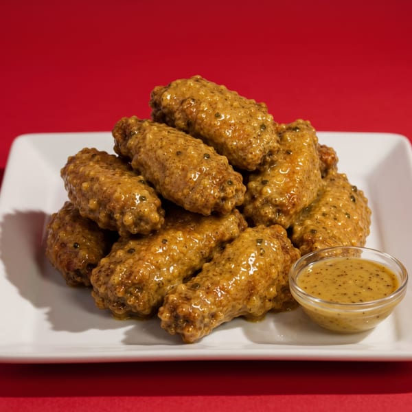 A white rectangular plate holds a pile of chicken wings coated in a thick, textured sauce, with a small dish of dipping sauce.